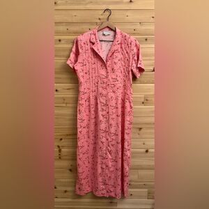 Vintage Blair Size Medium Pink Dainty Floral Print Collared Midi Shirt Dress